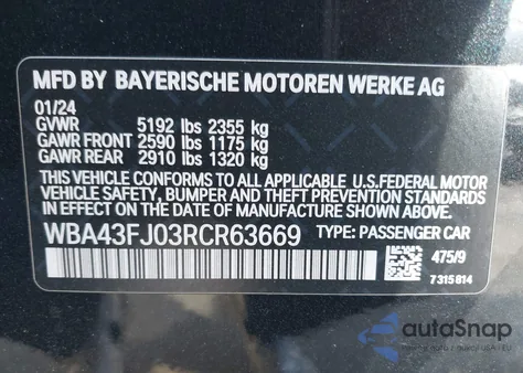 2024 BMW 530I from USA, damaged, VIN WBA43FJ03RCR63669